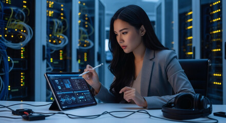 Focused engineer analyzes data center performance on tablet with stylus, ensuring optimal network infrastructure and security, modern technology solutions