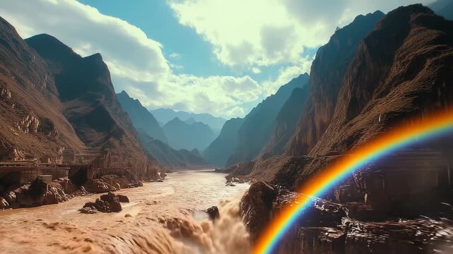 Stunning Rainbow Arching Over Majestic River Flowing Through Rugged Mountains Under Bright Blue Sky
