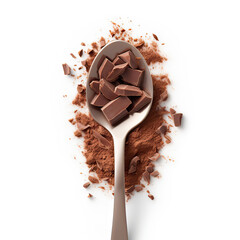 Milk Chocolate Pieces on Spoon with Small Crumbs Top View on Transparent Background
