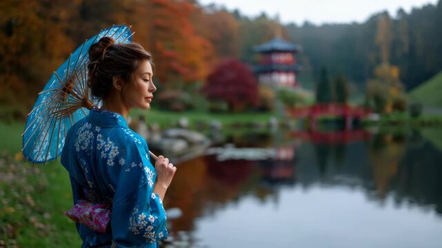 Woman in kimono with parasol by peaceful lake in autumn garden