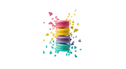 Vibrant Macaron Stack With Exploding Crumbs On Black