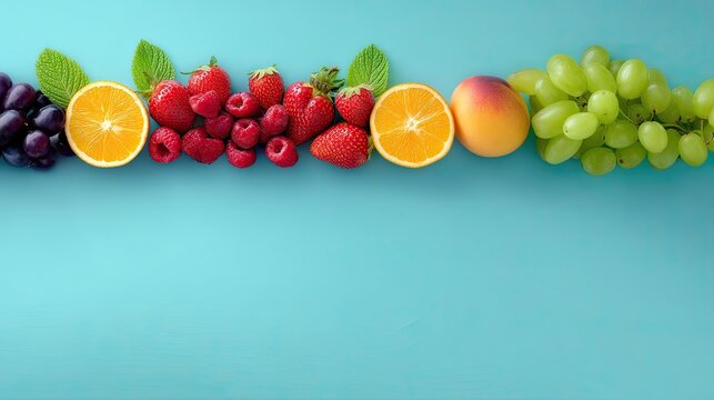 Colorful Assortment of Fresh Fruits on a Vibrant Blue Background Including Grapes, Raspberries, Oranges, Strawberries, Peaches, and Green Grapes