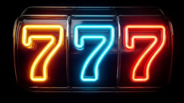 A triple neon seven-slot display glows orange, blue, and red against a dark glossy case, radiant.!!!