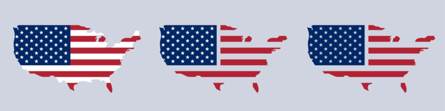 Trio of american flag maps illustrating patriotism and usa themes in a minimalist style.
