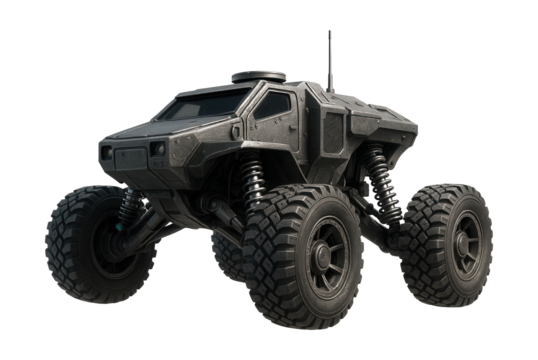 Durable lunar rover featuring a tough exterior and exposed shock absorbers.