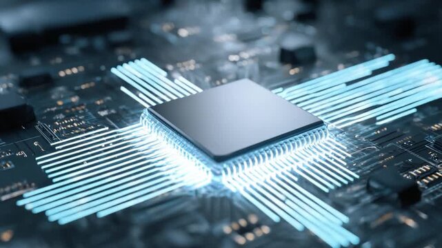 Integrated Circuit Design: A close-up shot of a high-tech integrated circuit, illuminating the intricate pathways of its microchips. Perfect for tech, science, and futuristic concepts.