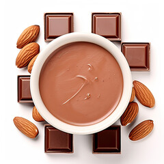 Milk Chocolate Squares in Cup with Almonds Top View on Transparent Background