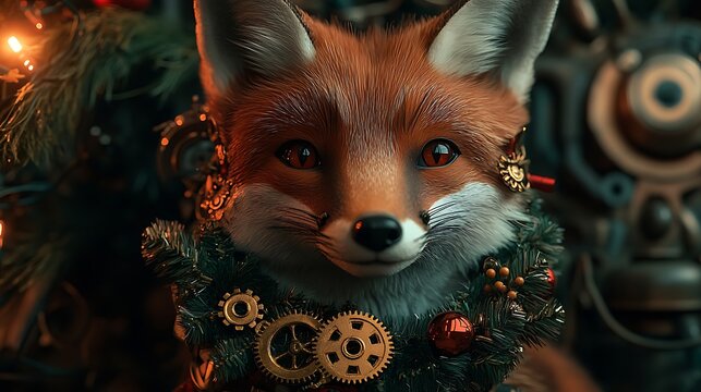 Steampunk fox portrait with christmas wreath and gears in a festive and mechanical holiday setting