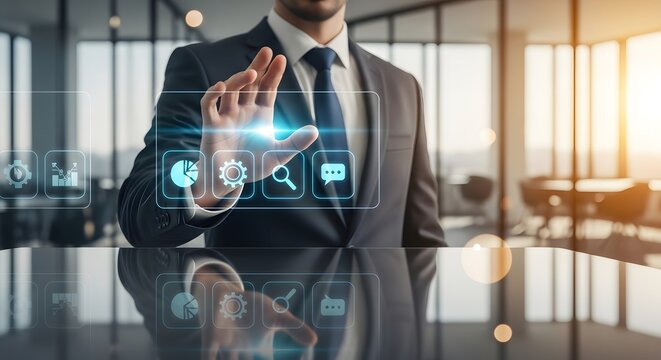 Businessman in a suit interacting with a virtual interface in a modern office with a professional and technological mood.