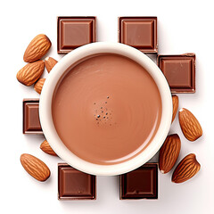 Milk Chocolate Squares in Cup with Almonds Top View on Transparent Background