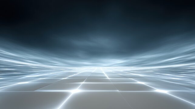 Futuristic abstract landscape with glowing grid floor and dramatic atmospheric clouds, creating a sense of depth and endless space for visual projects