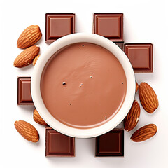 Milk Chocolate Squares in Cup with Almonds Top View on Transparent Background