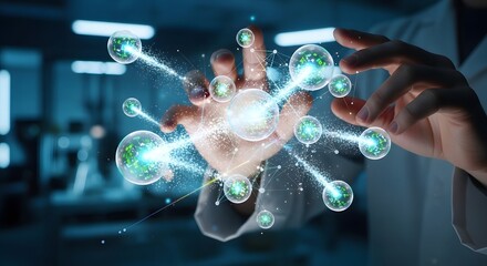 Close-up of hands interacting with a futuristic network interface in a dark lab with blue tones.