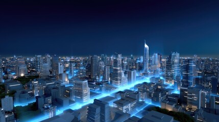 Futuristic city skyline at night with glowing digital lines illustrating smart technology integration in urban landscapes and vibrant metropolitan life