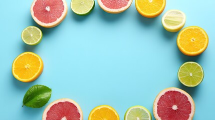 Vibrant Arrangement of Colorful Citrus Fruits in a Creative Circular Pattern on a Light Blue Background for Fresh and Refreshing Themes