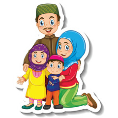 Happy Muslim Family Posed Together With Father Wearing Kufi Mother Wearing Hijab and Children Dressed in Colorful Traditional Islamic Clothing in a Studio Setting