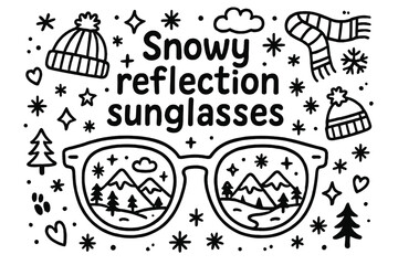 Snowy Sunglasses Doodle. Snowy reflection sunglasses. Hand-drawn doodle illustration of snowy reflection