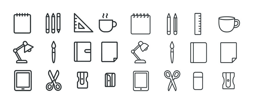 Minimalist office icon set: notebooks, pens, mugs, lamps, tools