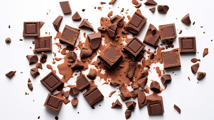 Overhead Flat Lay of Milk Chocolate Chunks with Chocolate Curl on Transparent Background