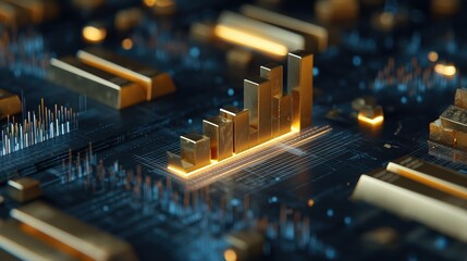 Golden Graph: An eye-catching graphic visualizes financial growth, representing market success with golden bars and a modern aesthetic on a tech-inspired circuit board.