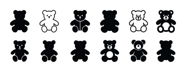 Naklejka na ściany i meble Various black and white teddy bear icon set