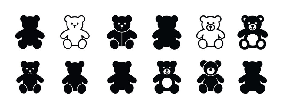 Various black and white teddy bear icon set