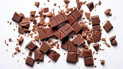Overhead Flat Lay of Milk Chocolate Chunks with Chocolate Curl on Transparent Background