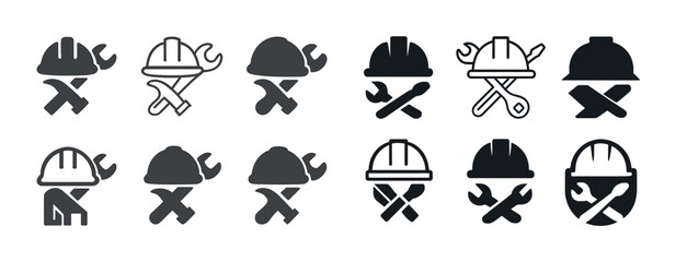 Set of twelve construction icons with hard hats and tools in black and white design