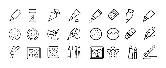 Cookie decorating icons set: piping bags, frosting, sprinkles, tools, biscuits