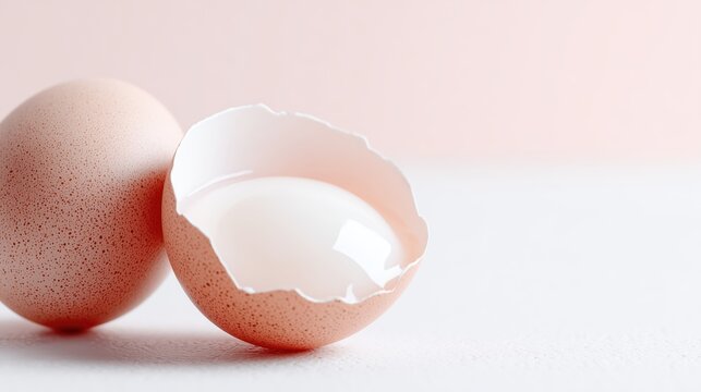 Eggshell Revelation: Two brown eggs, one intact and the other cracked open to reveal the smooth, glistening interior.