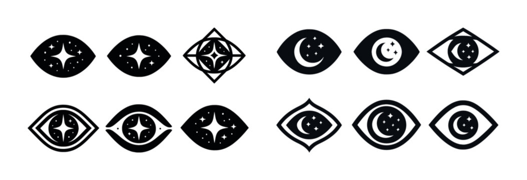 Set of geometric cosmic moon and star icons in various shapes