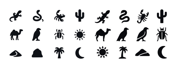 Desert icons: cactus, camel, vulture, sun, moon, reptiles, sand, insects