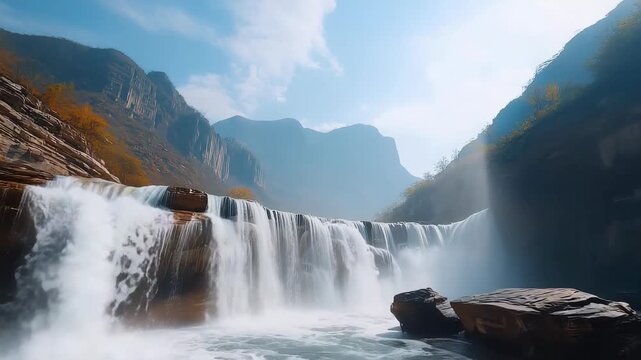 Falling Water Cascading Over Rocky Cliffs Under a Bright Blue Sky
