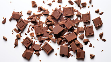 Overhead Flat Lay of Milk Chocolate Chunks with Chocolate Curl on Transparent Background