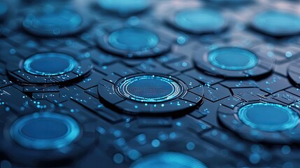 Close-up of a dark, futuristic circuit board with many circular components emitting bright blue light, suggesting advanced technology and data flow.