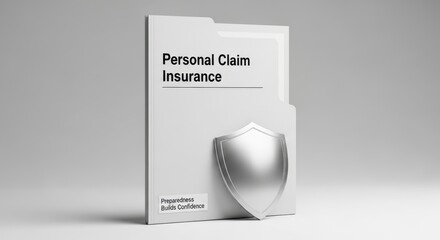 A white folder containing personal claim insurance and a silver shield
