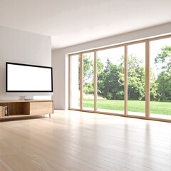 Fototapeta premium A bright living room featuring expansive floor-to-ceiling windows that flood the space with natural light, complemented by warm wooden flooring.
