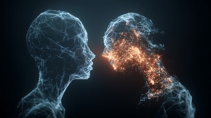glowing neural network connecting two human heads, symbol of empathy and shared thoughts, conceptual mental link, clean futuristic style, v7 