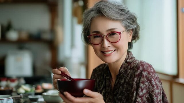 Senior Asian woman enjoys a healthy meal at home with a warm smile