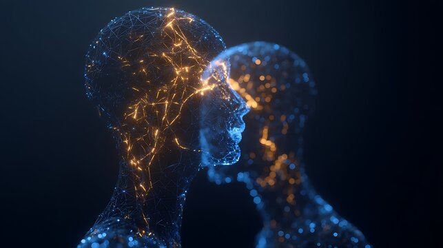 glowing neural network connecting two human heads, symbol of empathy and shared thoughts, conceptual mental link, clean futuristic style, v7 