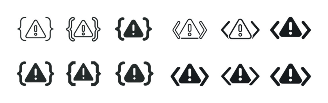 Set of code warning icons in different styles showing alert symbols