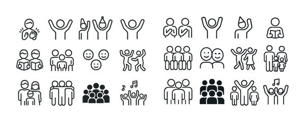 Diverse group icons illustrating teamwork, music, reading, and social interactions