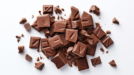 Overhead Flat Lay of Milk Chocolate Chunks with Chocolate Curl on Transparent Background