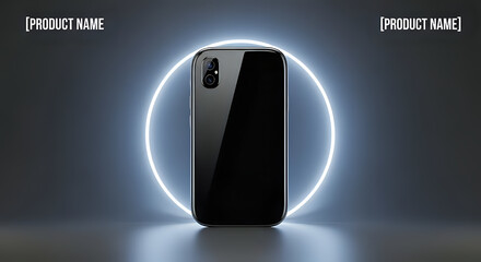Sleek modern smartphone mockup with glowing neon circle, perfect for showcasing app designs or new product launches with a futuristic vibe and tech appeal