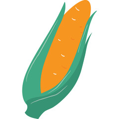 Illustration of a ripe orange ear of corn with green husks on a transparent background simple flat design