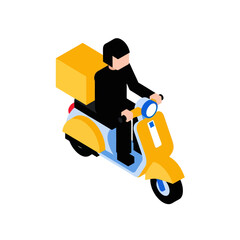 Isometric delivery man riding a yellow scooter for fast shipping.