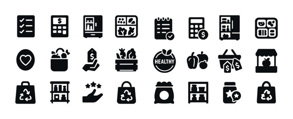 Icon set: budgeting and healthy lifestyle black icons