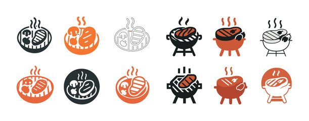 Barbecue grill icon set: various styles and colors of bbq grills and steaks