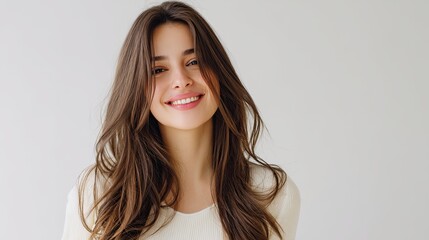 Fototapeta premium Young woman with long hair and bright smile in casual white sweater, posing naturally against a light-colored background, conveying joy and positivity
