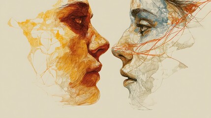 side profile faces facing opposite directions, one in warm tones one in cold, line connection fading between them, emotional contrast art, v7 high realism 